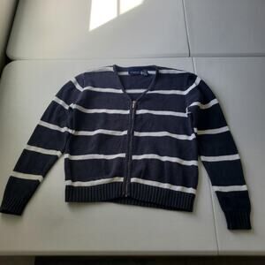 90s Butter Mom Cardigan Sweater Womens Small Blue Stripe 100% Cotton Nautical